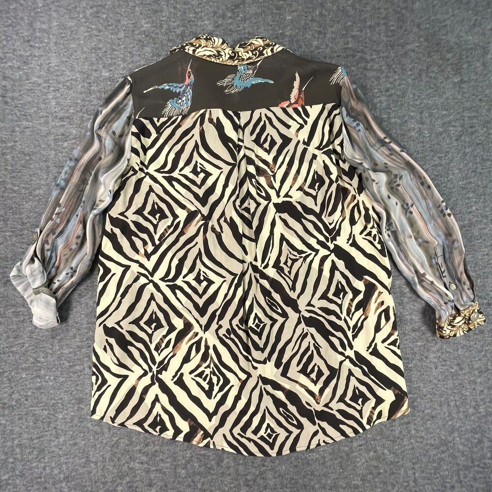 John Mark PM Mixed Print Patchwork Tunic Roll Tab Button Down Blouse Bird Artsy - Picture 11 of 14